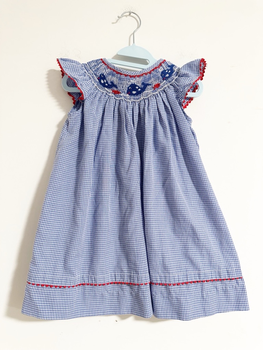 Rare Editions Blue Gingham Smocked Floral Embroidered Dress 3T